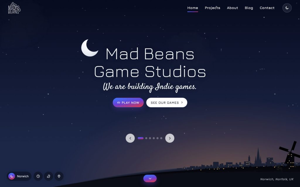 Mad Beans Games home page at night